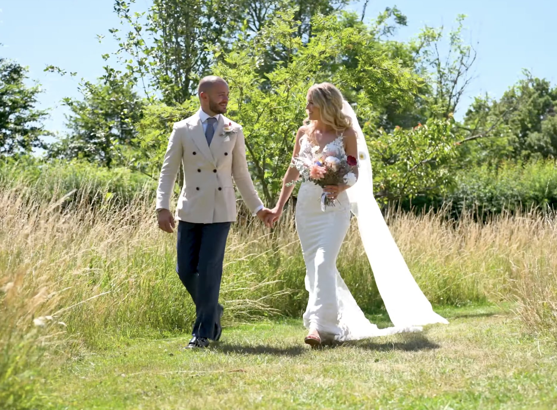 Bride and groom in summer meadow
